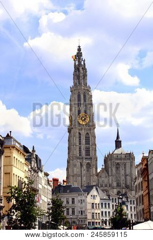 Famous Meir Street and clock tower of cathedral of Our Lady, Antwerp Belgium, Europe