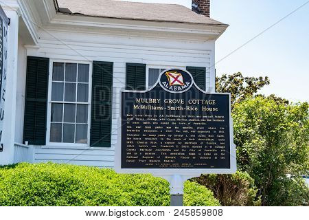 Prattville, Alabama, Usa - May 12, 2018: Historic Marker For Mulbry Grove Cottage In Front Of The Pr