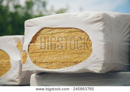 The Texture Of Mineral Wool For Insulating The Walls. Warehouse Of Products Ready For Import