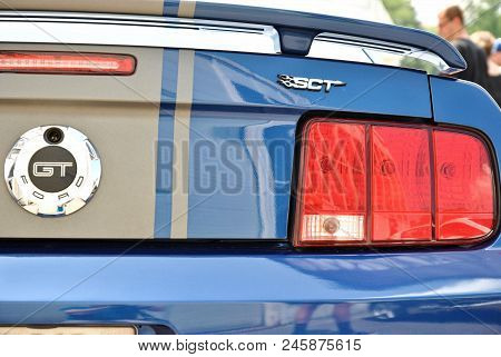Back Lights Of Blue Ford Mustang. 6/10/2018 Prague Auto Show