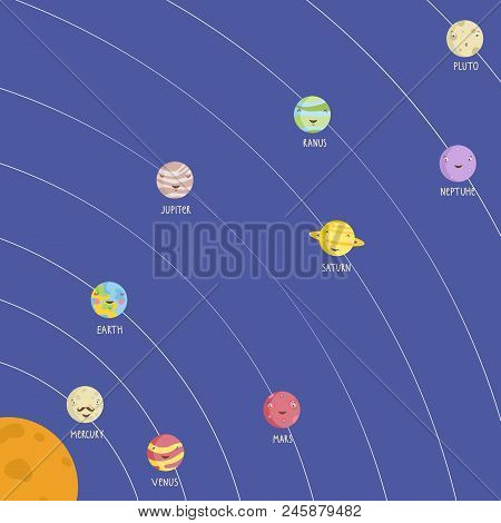 Solar System Model With Smiling Planets. Mercury, Earth, Venus, Mars, Jupiter, Saturn, Uranus, Neptu
