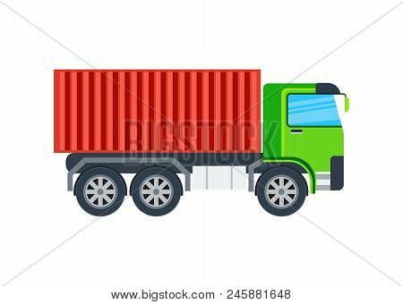 Freight Truck Isolated Icon. Modern Lorry Car, Commercial Cargo Transport Side View Illustration In 