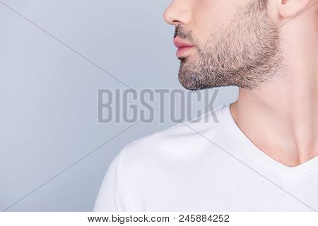 Advertising Barbershop Concept. Profile Close Up Half Face Cropped Portrait Of Handsome Brunet  Man 