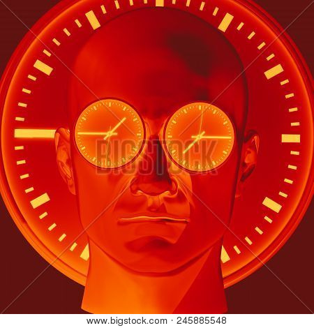 Time Concept 3d Illustration: Human Head  And Time, Business Punctuality, Appointment Stress, Deadli