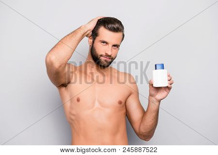 Attractive Model, Virile, Manly, Harsh, Stunning Macho Man With Serious Expression Holding Jar With 
