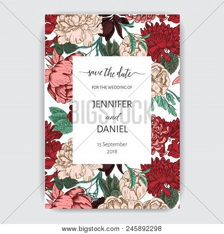 Vector Illustration Sketch - Card With Flowers Chrysanthemum, Peony. Wedding Invitation With Flower.