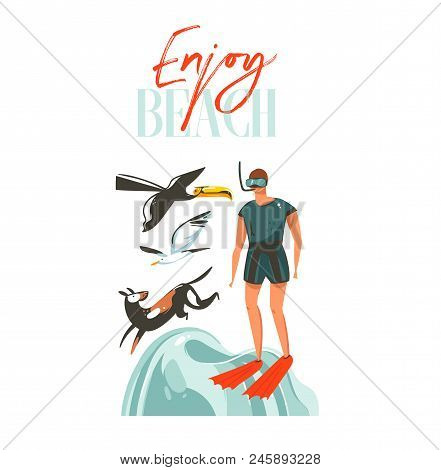 Hand Drawn Vector Abstract Graphic Cartoon Summer Time Flat Illustrations Sign With Diving Boy, Dog,