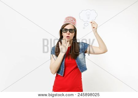 Portrait Of Young Shocked Woman In 3d Glasses With Bucket For Popcorn On Head Watching Movie Film, H