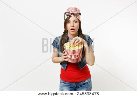 Portrait Of Young Shocked Attractive Woman In 3d Glasses With Bucket For Popcorn On Head Watching Mo