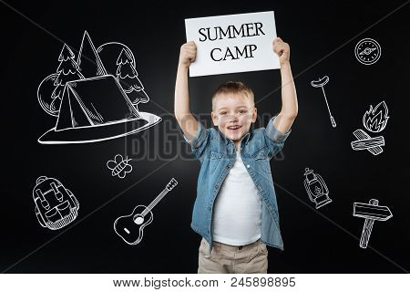 Amazing Summer Camp. Enthusiastic Active Boy Feeling Good And Putting A Sign About Summer Camp Up Wh