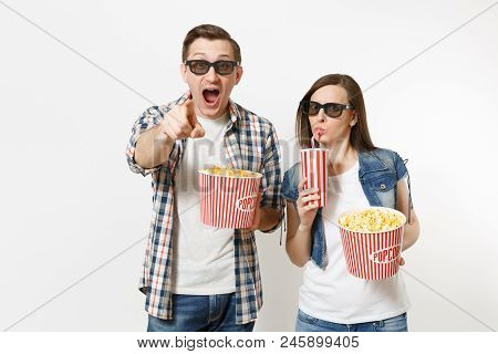 Young Couple, Woman And Man In 3d Glasses Watching Movie Film On Date, Holding Bucket Of Popcorn, Cu