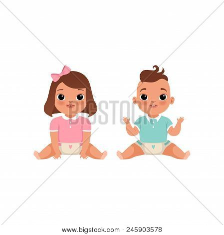 Cute Little Baby Boy And Girl Characters Sitting On Rhe Floor, Stage Of Growing Up Concept Vector Il