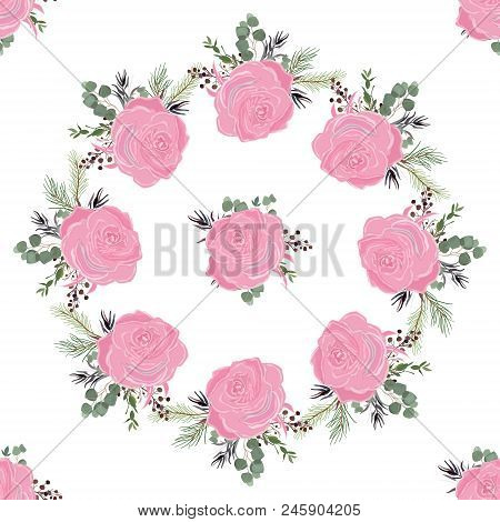 Floral Seamless Summer Pattern, Beautiful Flower Wreath, Vector Illustration