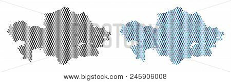 Pixelated Kazakhstan Map Variants. Vector Territorial Plans In Black Color And Cold Blue Color Varia
