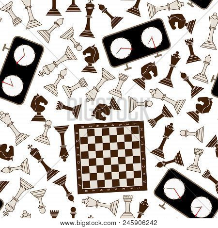 Seamless Pattern With Chess Pieces, A Chessboard And A Chess Clock On A White Background. Vector Ill