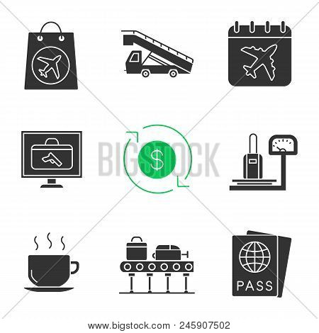 Airport Service Glyph Icons Set. Duty Free, Stair Truck, Flight Date, Baggage Scanner And Scales, Re