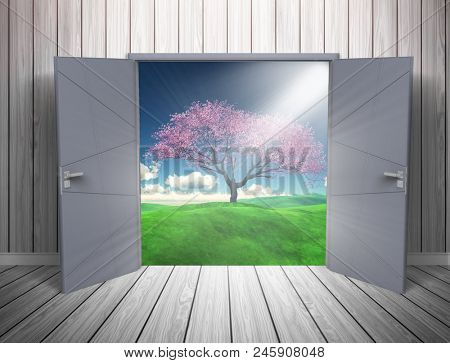 3D render of a grunge room interior with open door looking out to a countryside andscape
