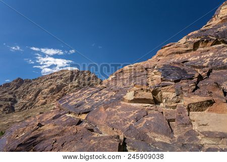 Domkhar rock art sanctuary in Domkhar village in Ladakh, next to the banks of Indus river.