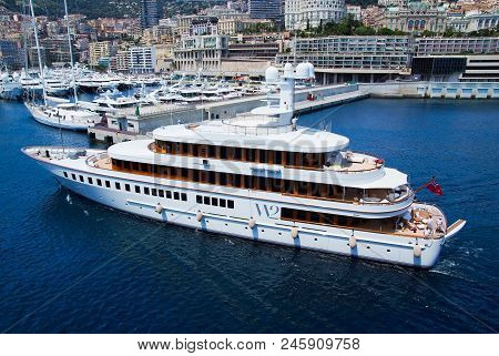 Monte Carlo, Monaco - December 08, 2009: W2 Wedge Too Yacht In Sea Harbor. Yacht Club And City House