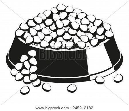 Black And White Overfilled Pet Food Bowl Silhouette. Simple Supply For Domestic Animal. Cat Dog Care