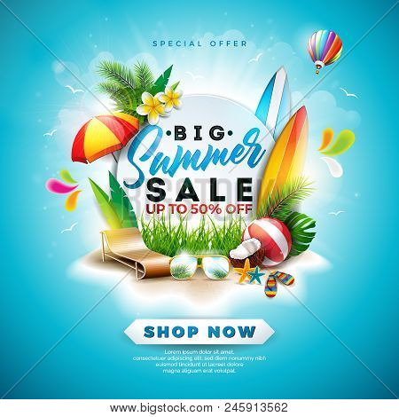 Summer Sale Design With Flower, Beach Holiday Elements And Exotic Leaves On Blue Background. Tropica
