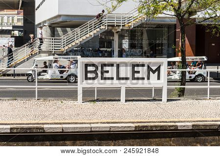 Lisbon, Portugal - May 19, 2017: Belem Railway Station Sign Between Avenida Da India And Avenida Bra