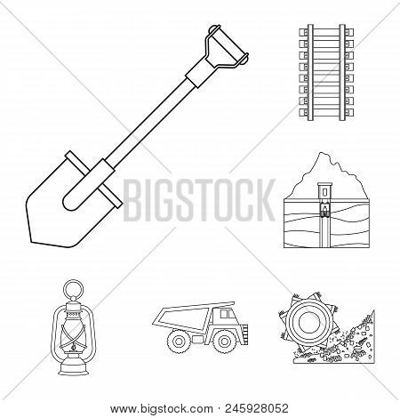 Mining Industry Outline Icons In Set Collection For Design. Equipment And Tools Vector Symbol Stock 