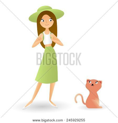 A Girl With An Animal, Homemade Cat With A Girl, Traveler. Cute Woman Is Standing On A White Backgou
