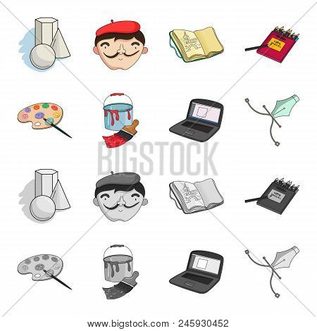 A Palette With A Brush, A Bucket With A Paint Brush, A Computer, A Tool, A Pen.artist And Drawing Se