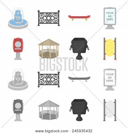 Telephone Automatic, Gazebo, Garbage Can, Wall For Children. Park Set Collection Icons In Cartoon, M