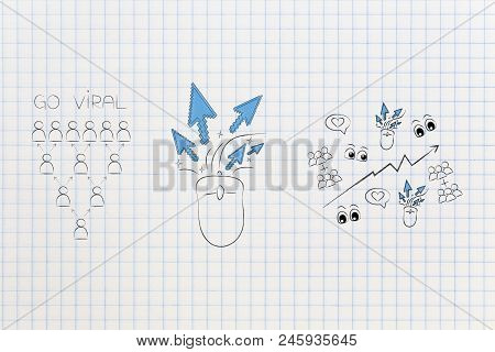 Go Viral Online Conceptual Illustration: Audience Next To Clickrate And Social Media Stats Icons