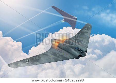 Two Flying Wings German Jet Fighter Aircraft, Horten Ho 229, From World War 2. 3d Render Illustratio