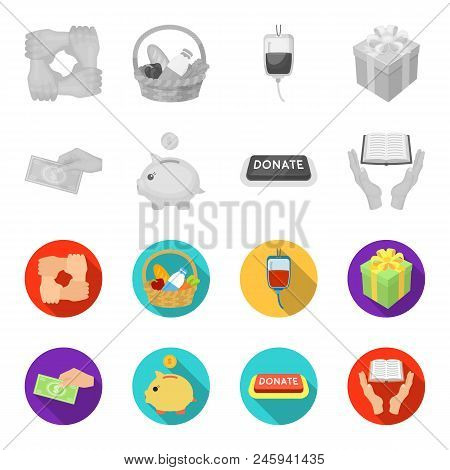 Hand With Money For Poshestvovaniya, A Piggy Bank For Charity, A Button With An Inscription, A Book 