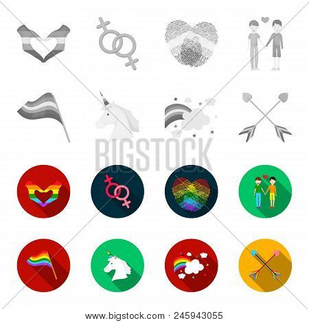 Flag, Unicorn Symbol, Arrows With Heart.gay Set Collection Icons In Monochrome, Flat Style Vector Sy