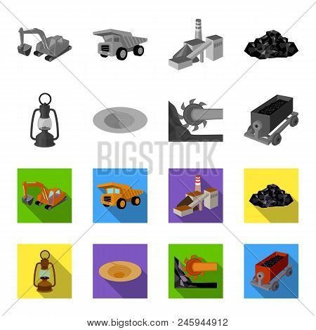A Miner Lamp, A Funnel, A Mining Combine, A Trolley With Ore.mining Industry Set Collection Icons In