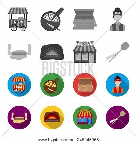 Pizza Dough, Oven, Pizzeria Building, Spatula For Billets. Pizza And Pizzeria Set Collection Icons I