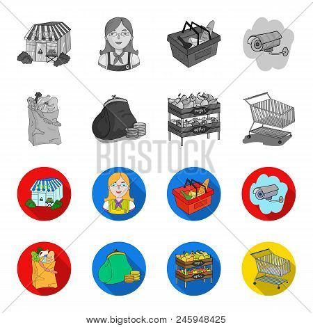 Sausages, Fruit, Cart .supermarket Set Collection Icons In Monochrome, Flat Style Vector Symbol Stoc