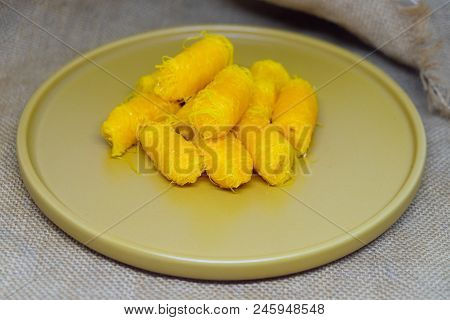 Close Up Gold Egg Yolks Thread Dessert It Call Foi Thong In Thailand