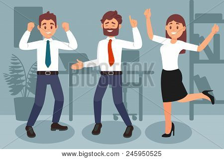 Three Colleagues Celebrating Achievement Of Victory. Happy Office Workers. Woman And Two Men. Shelf,