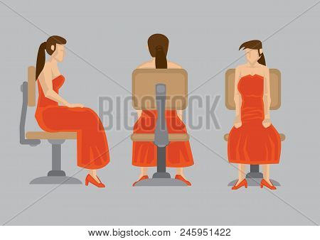 Front View, Back View And Side View Of A Lady In Red Dress Sitting On A Swivel Office Chair. Cartoon