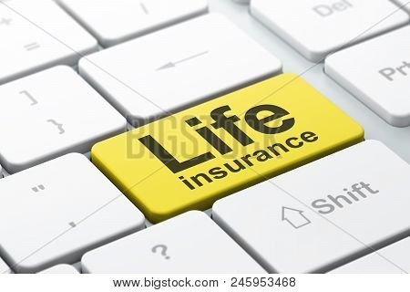 Insurance Concept: Computer Keyboard With Word Life Insurance, Selected Focus On Enter Button Backgr