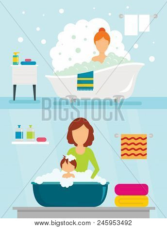 Bathtub Bathe Woman Bulb Banner Concept Set. Flat Illustration Of 2 Bathtub Bathe Woman Bulb Vector 