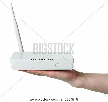 Wi-fi Router With Wps Technology On Female Hand, Isolated On White Background