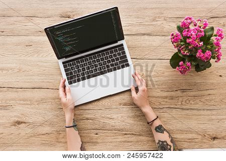 Partial View Of Woman At Tabletop With Laptop And Kalanhoe Plant In Flowerpot