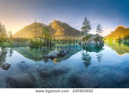 Mountain Landscape And View Of Beautiful Hintersee Lake In Berchtesgaden National Park, Upper Bavari