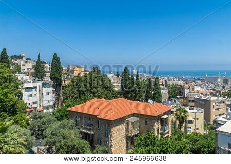 View Of The Downtown, The Port And The Bahai Shrine From Hadar Hacarmel Neighborhood, Haifa, Israel