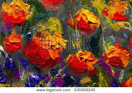 Red Poppies Painting. Field Of Red Beautiful Flowers In Warm Summer Forest Wood. Oil Painting Palett