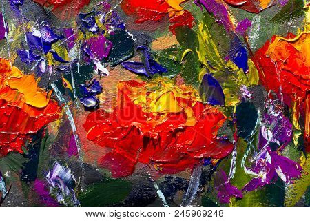Red Poppies Painting. Field Of Red Beautiful Flowers In Warm Summer Forest Wood. Oil Painting Palett