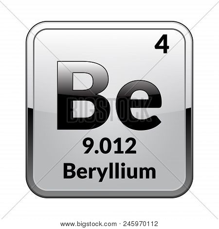 Beryllium Symbol.chemical Element Of The Periodic Table On A Glossy White Background In A Silver Fra