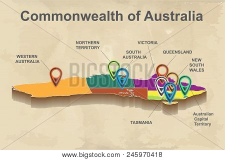 Vector Abstract 3d Australia Map With Internal Regional Boundaries, Pins On Vintage Background.